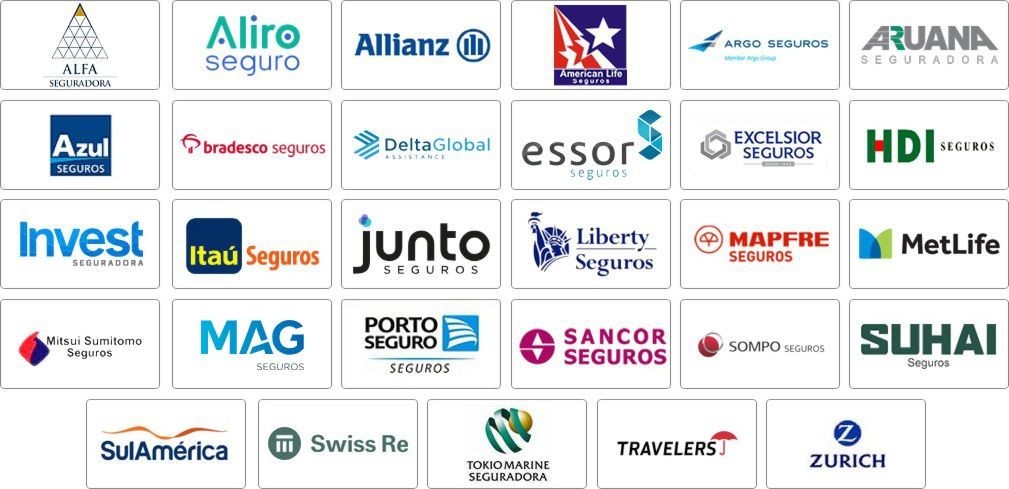 HDI, Sompo, Bradesco, SulAmérica, Liberty, Aliro, Suhai, Junto, Mapfre, Mongeral Aegon, Allianz, Essor, Travelers, American Life, Excelsior, Sancor, Aruana, Invest, MetLife, Alfa, Porto Seguro, Itau, Azul, Tokio Marine, Zurich, Delta